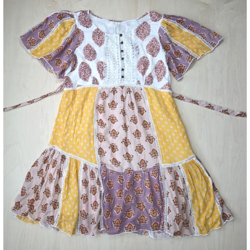 Anthropologie Melody Patchwork Dress Women's US 10P Button-Up Lace Tie-Back